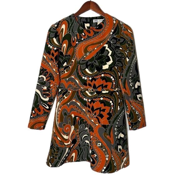 Zara Printed Multicolored A-Line Mini Dress with Accent Belt - Picture 3 of 8